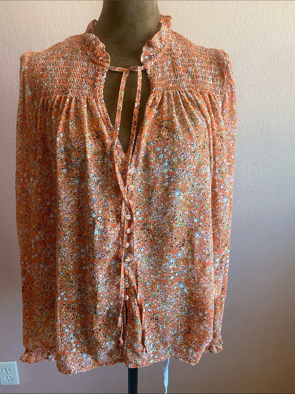 FREE PEOPLE Orange Floral Smocked Tie-Neck Blouse